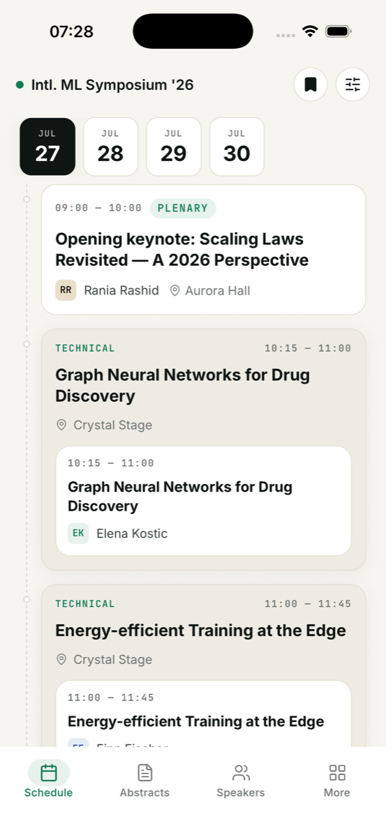 Symposia attendee app showing the conference schedule