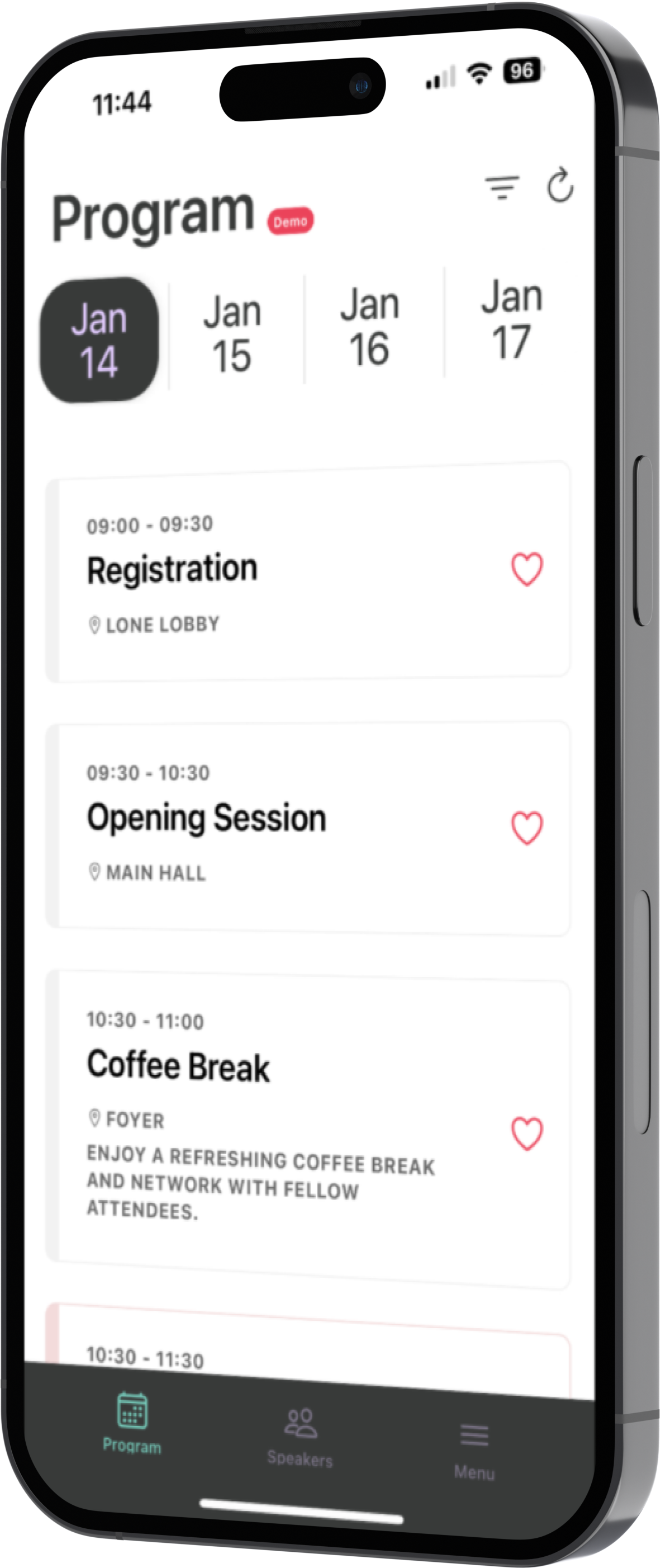 Symposia app showing a scientific conference schedule